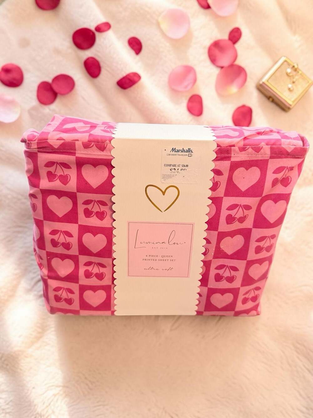 Lumina Lou Pink Checkered Cherry and Heart Queen 4-Piece Sheet Set